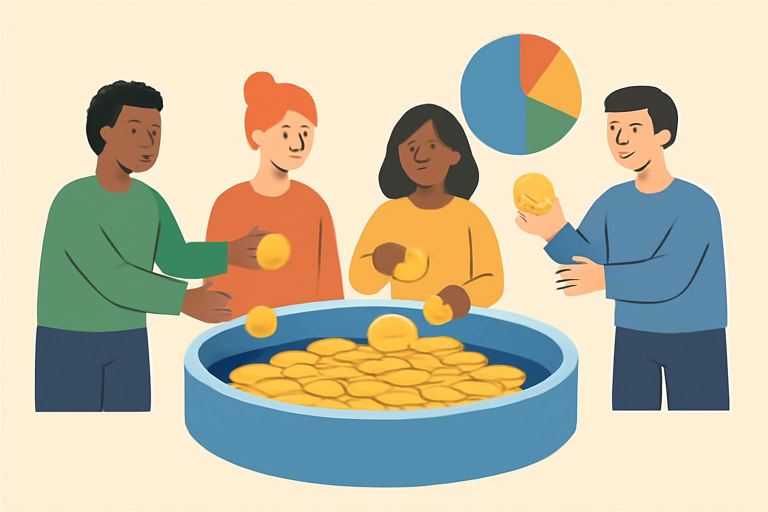 A group of diverse LPs receiving coins from a central pool, with a pie chart showing proportional distribution.