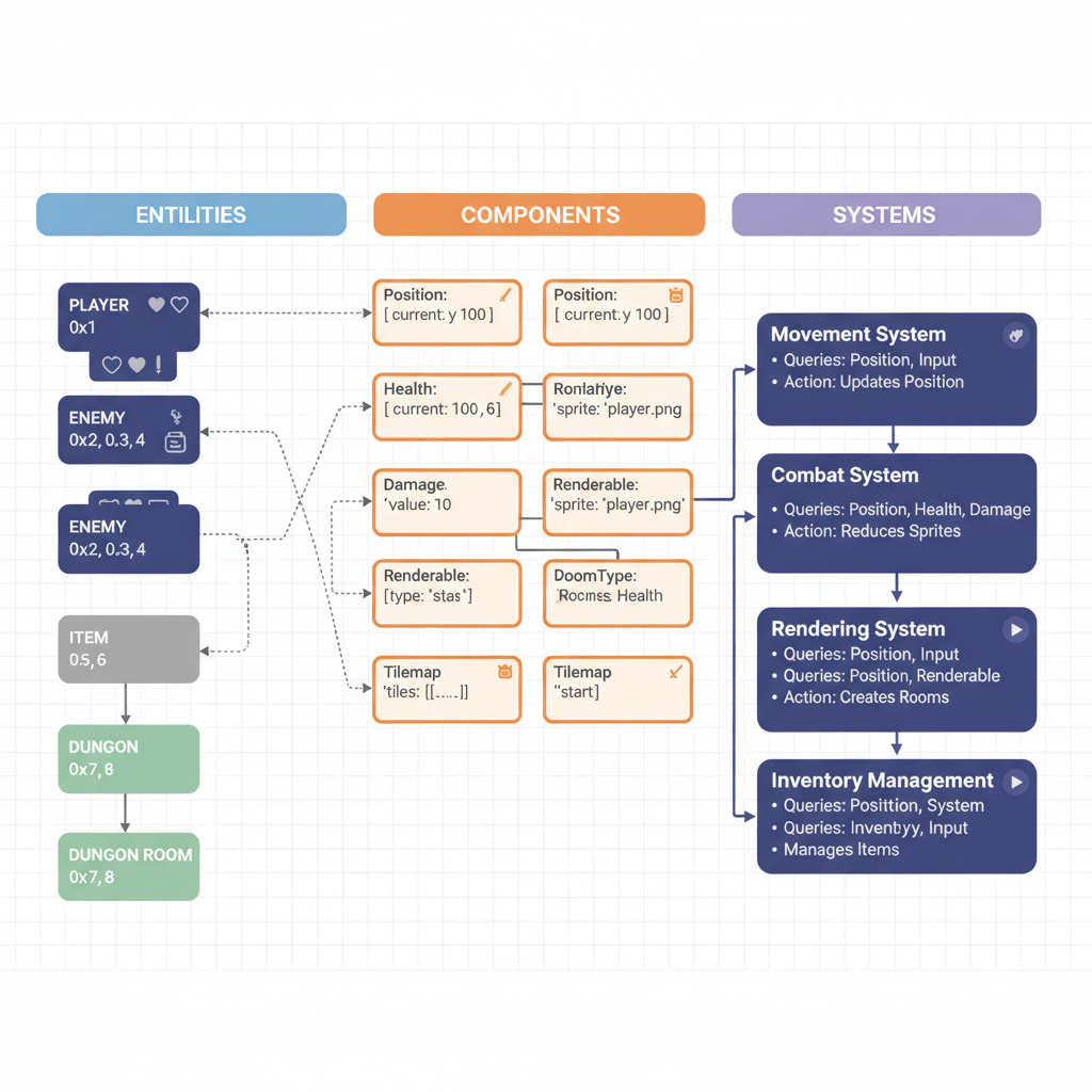 clean diagram of ECS models for roguelike game: player health position inventory enemy dungeon room starknet dojo style