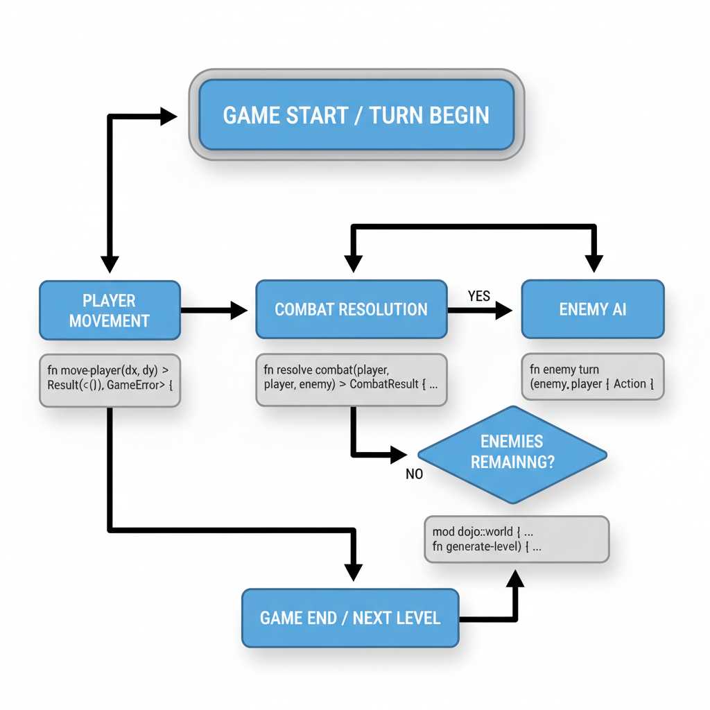 flowchart of turn-based roguelike systems: movement combat resolution enemy AI dojo cairo code snippet