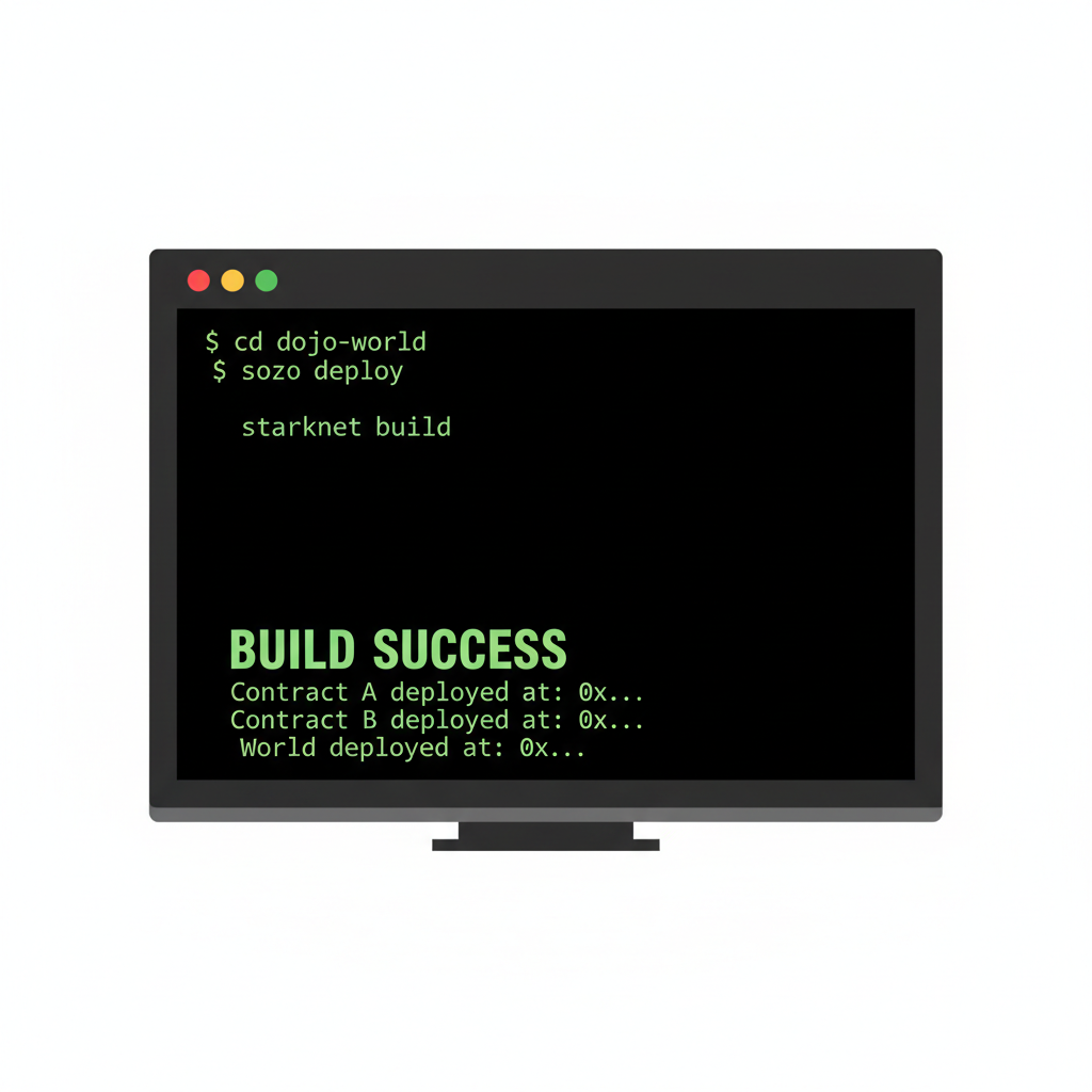 terminal command line deploying dojo world starknet sozo build success green text