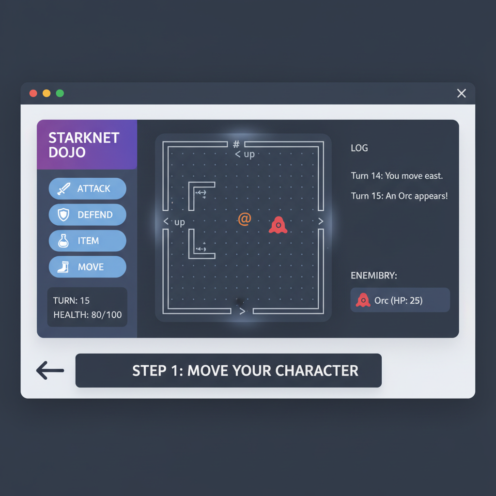 sleek web UI for turn-based roguelike dungeon crawler ascii map player enemy starknet dojo theme