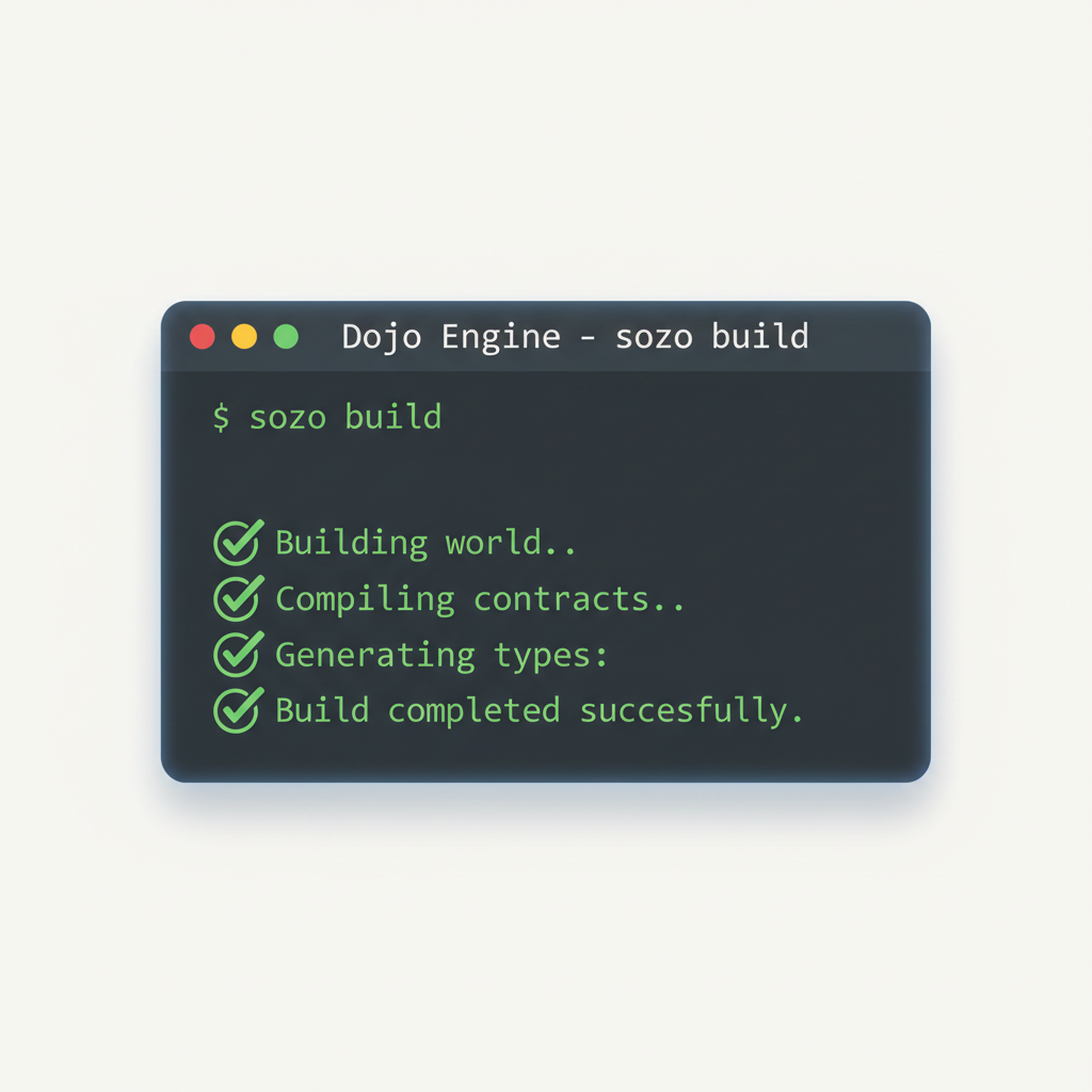 command line terminal running 'sozo build' command successfully, Dojo Engine interface, green checkmarks