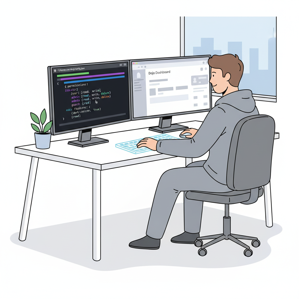 developer editing JSON config file in terminal for Dojo permissions, code syntax highlight, professional workspace