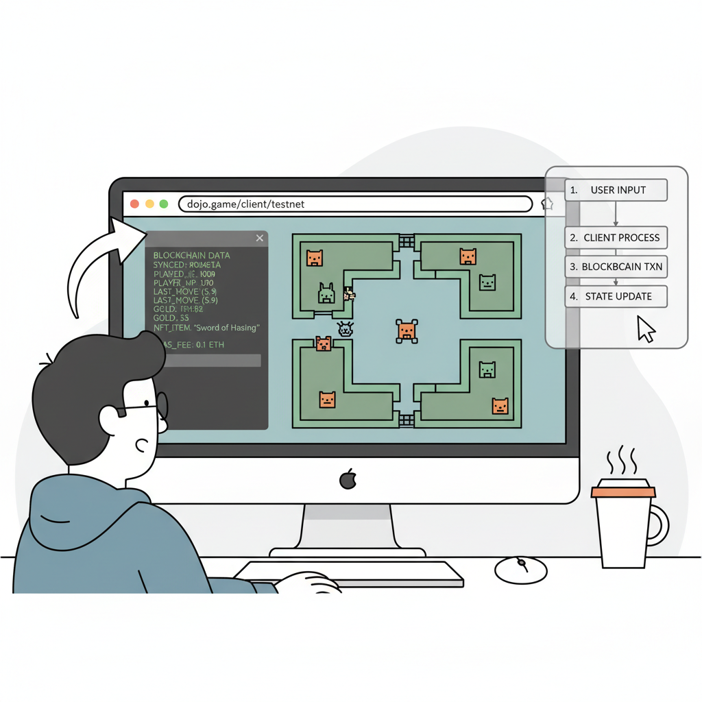 developer testing Dojo game client, browser window with roguelike dungeon UI, synced blockchain data