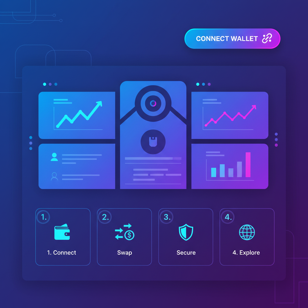 modern DeFi dashboard homepage with wallet connect button, futuristic UI, neon blues and purples