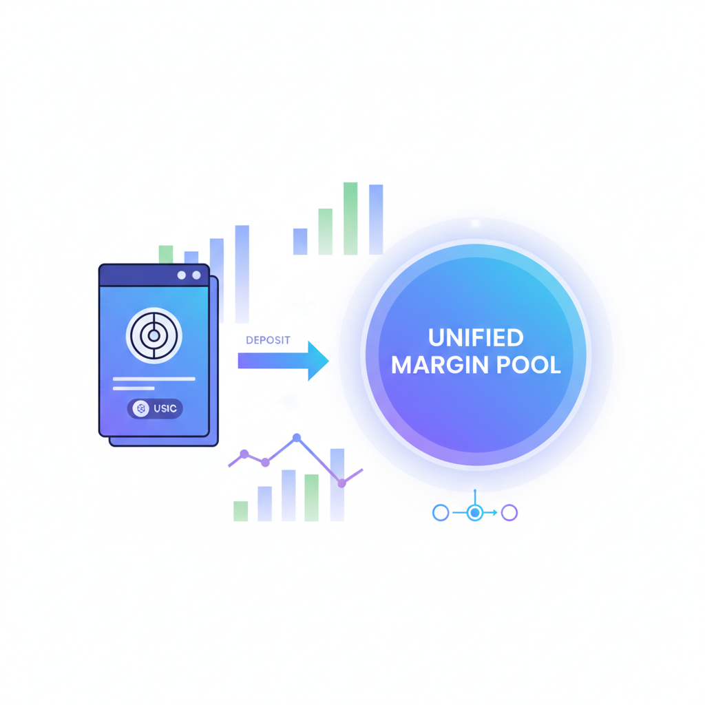 wallet depositing USDC into glowing unified margin pool interface, charts in background