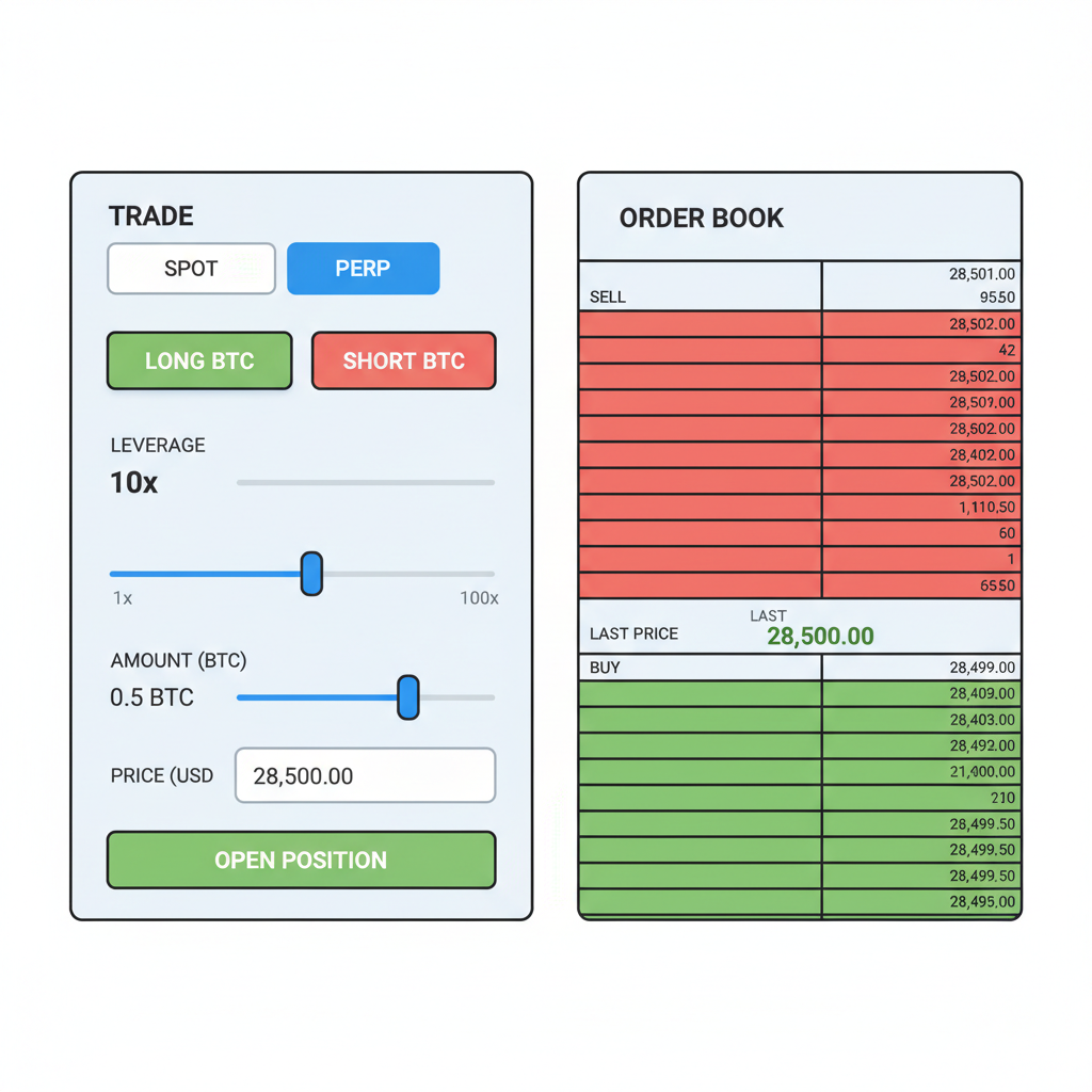 trading interface opening BTC perp position, leverage sliders and order book