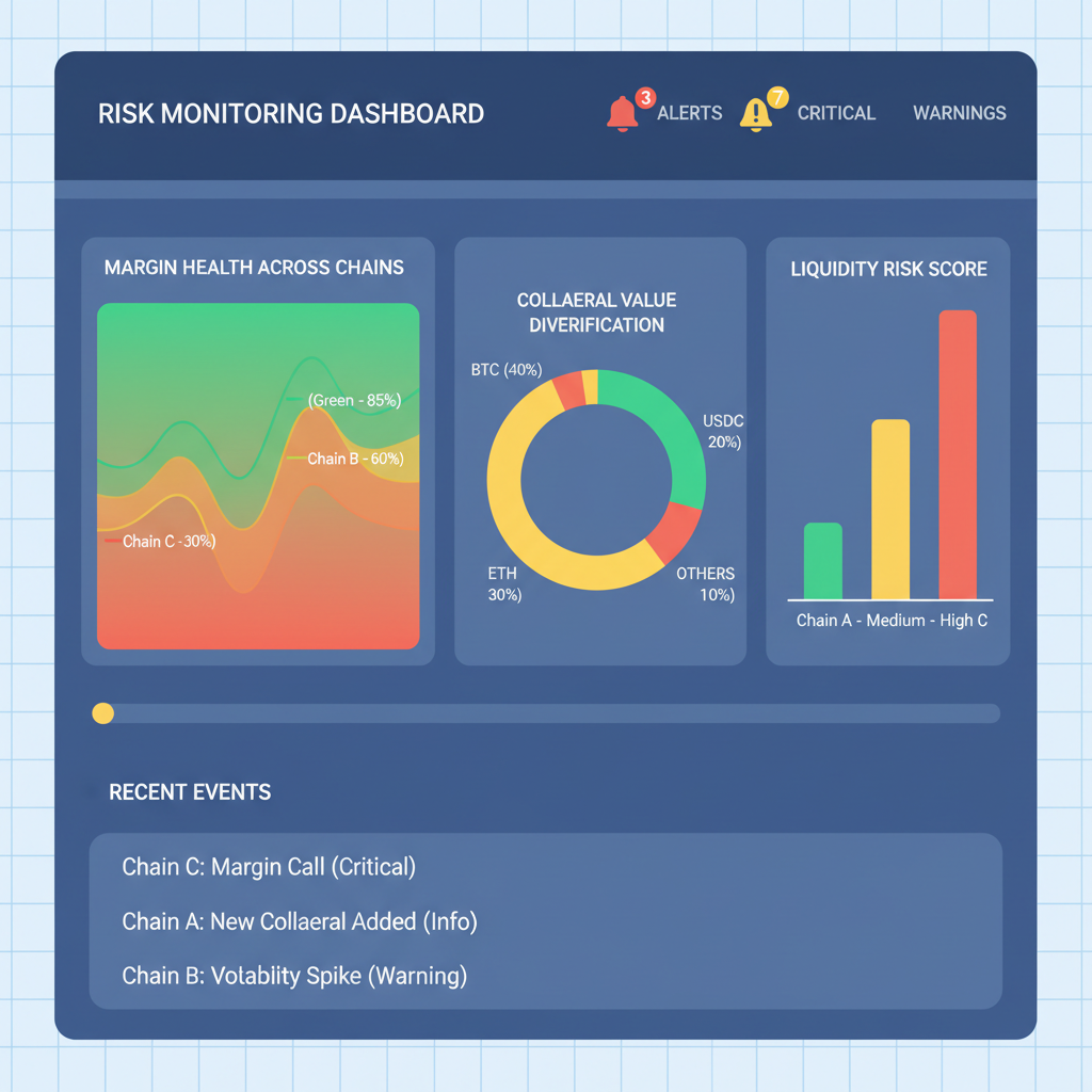 risk monitoring dashboard with alerts, graphs showing margin health across chains