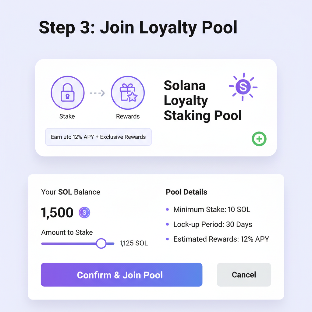 web3 dApp dashboard joining Solana loyalty staking pool