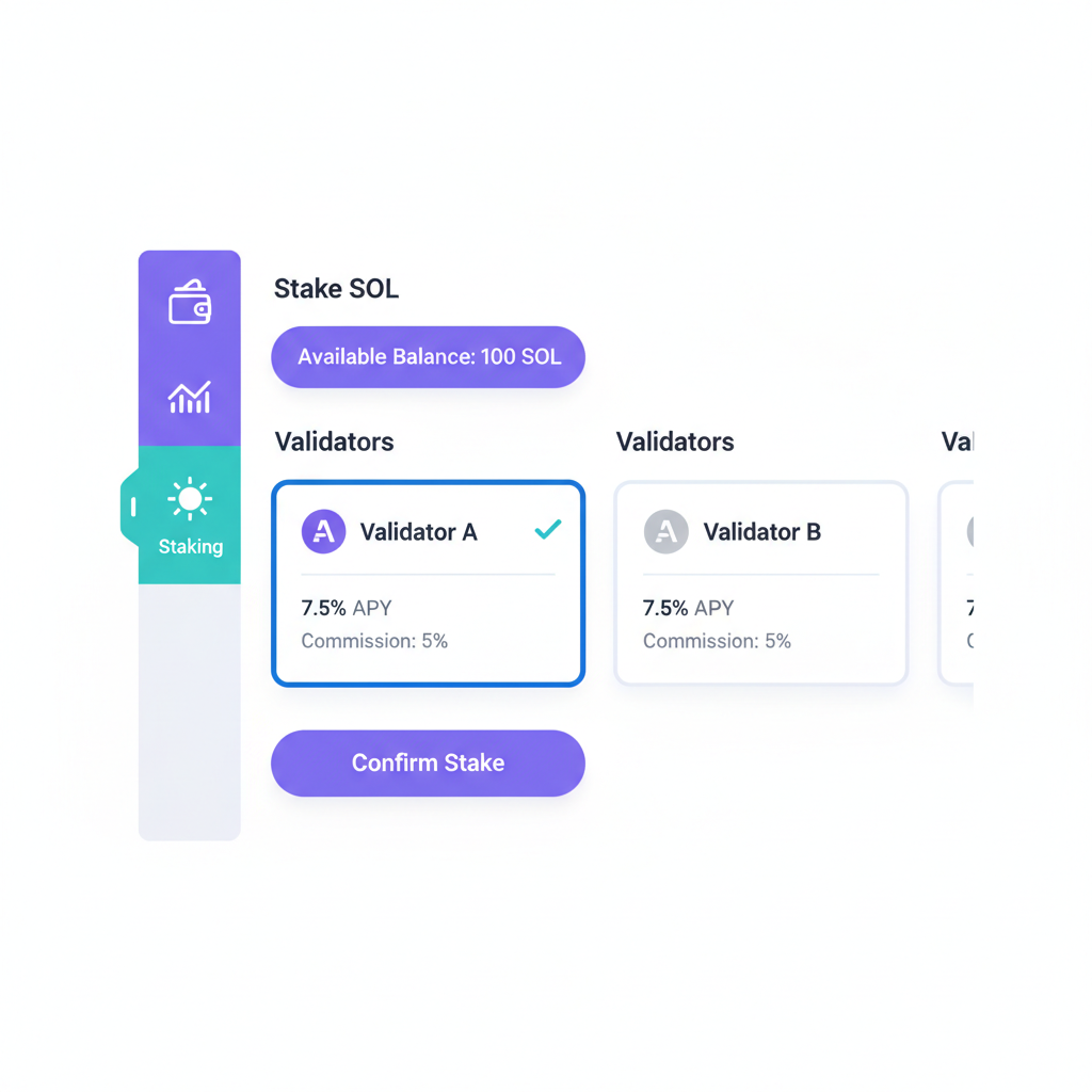 Solana staking interface in wallet selecting validator