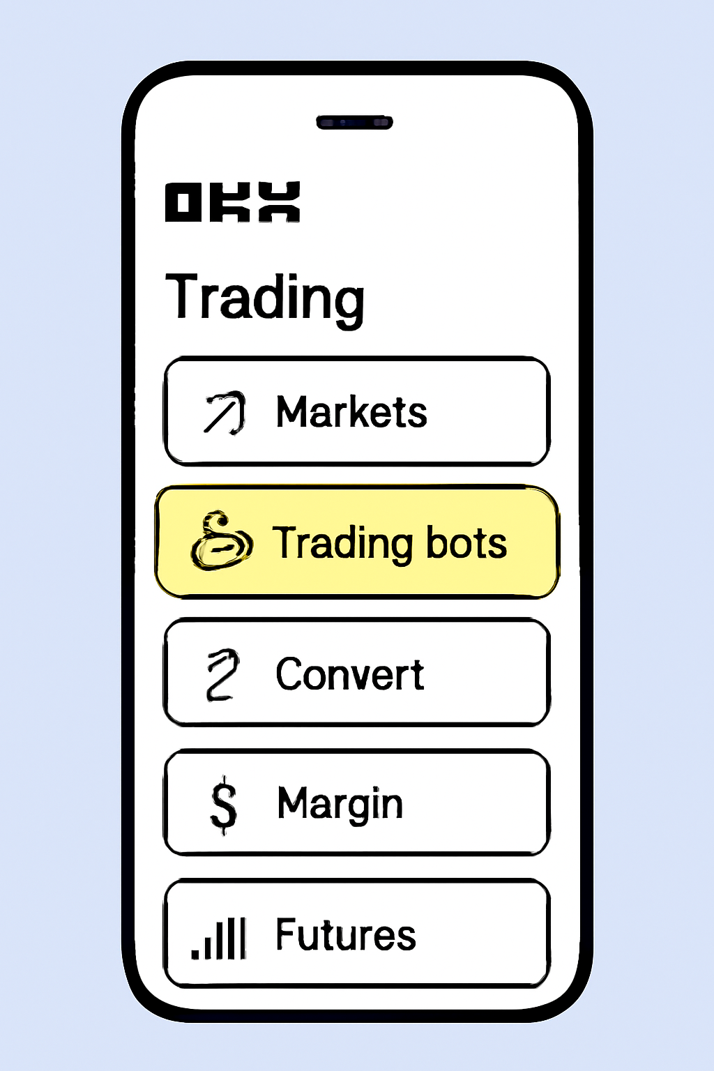 A mobile app interface showing the 'Trading bots' option highlighted within the OKX trading menu.