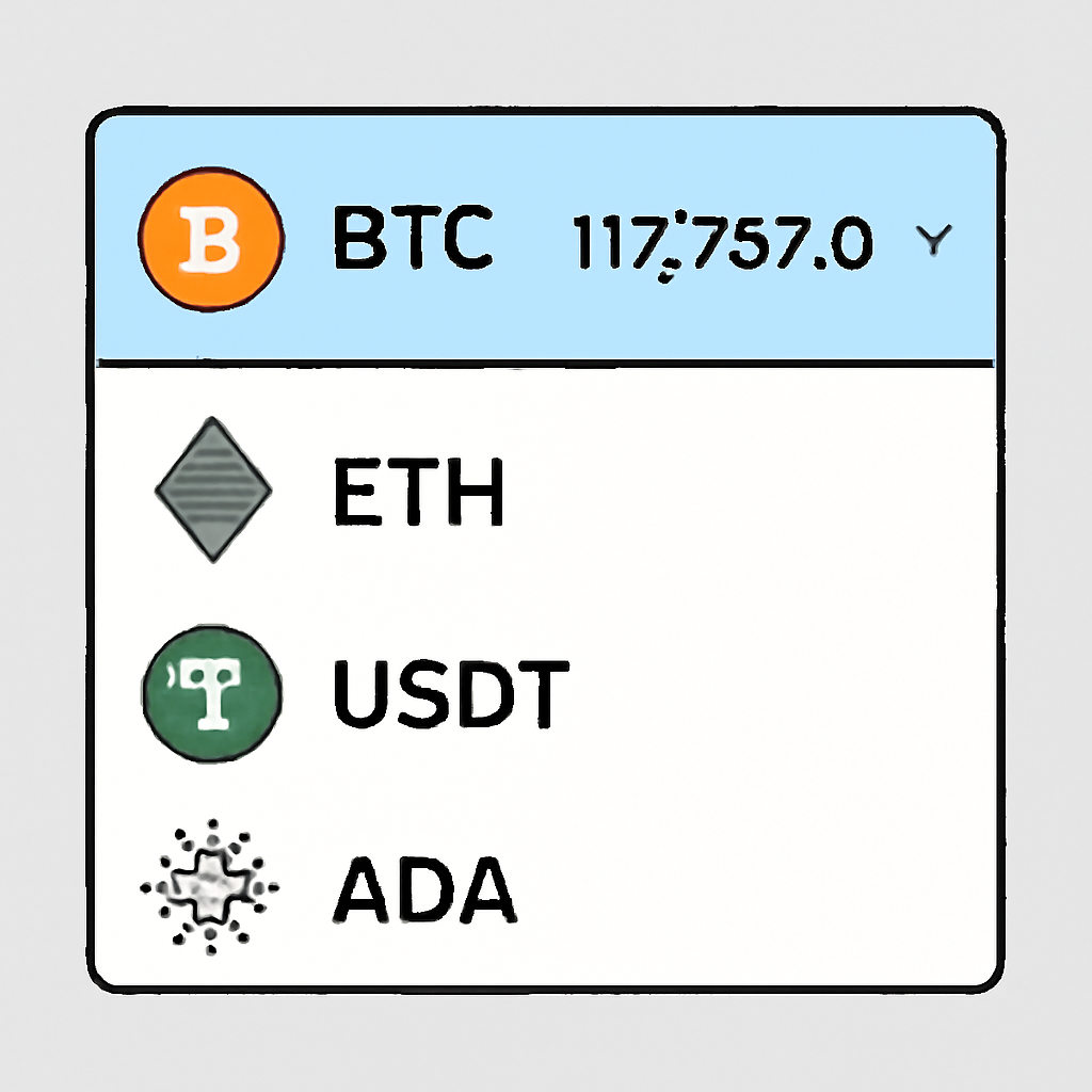 A selection menu displaying various cryptocurrencies, with Bitcoin (BTC) highlighted and its price shown as $117,767.00.