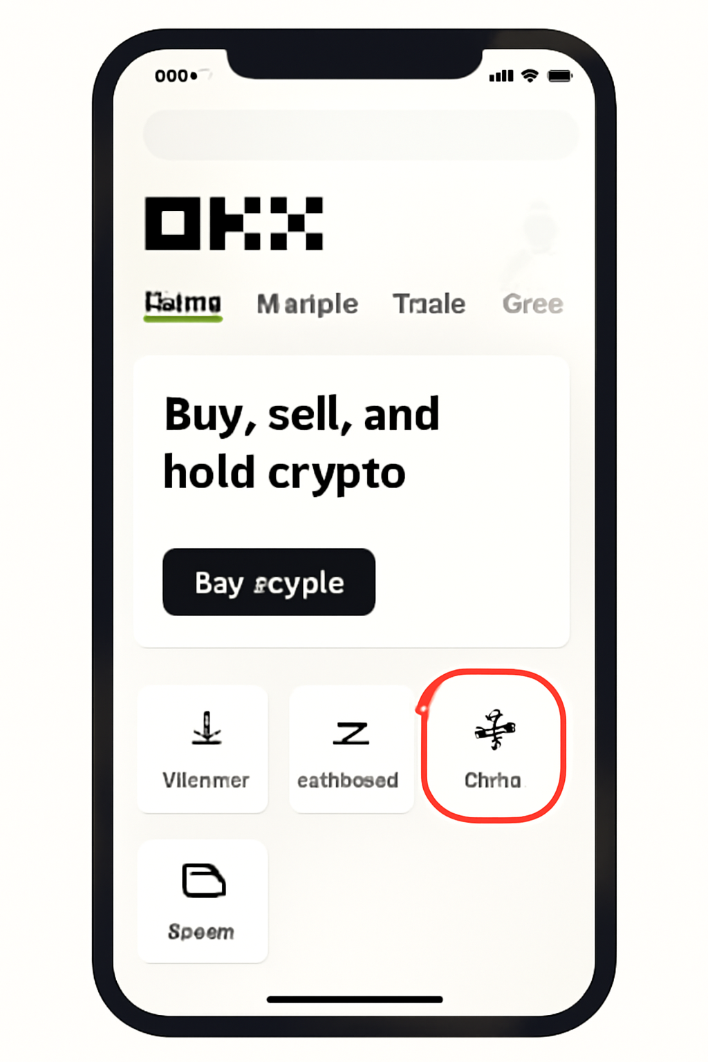 A smartphone screen displaying the OKX app homepage with the 'Trade' button highlighted.