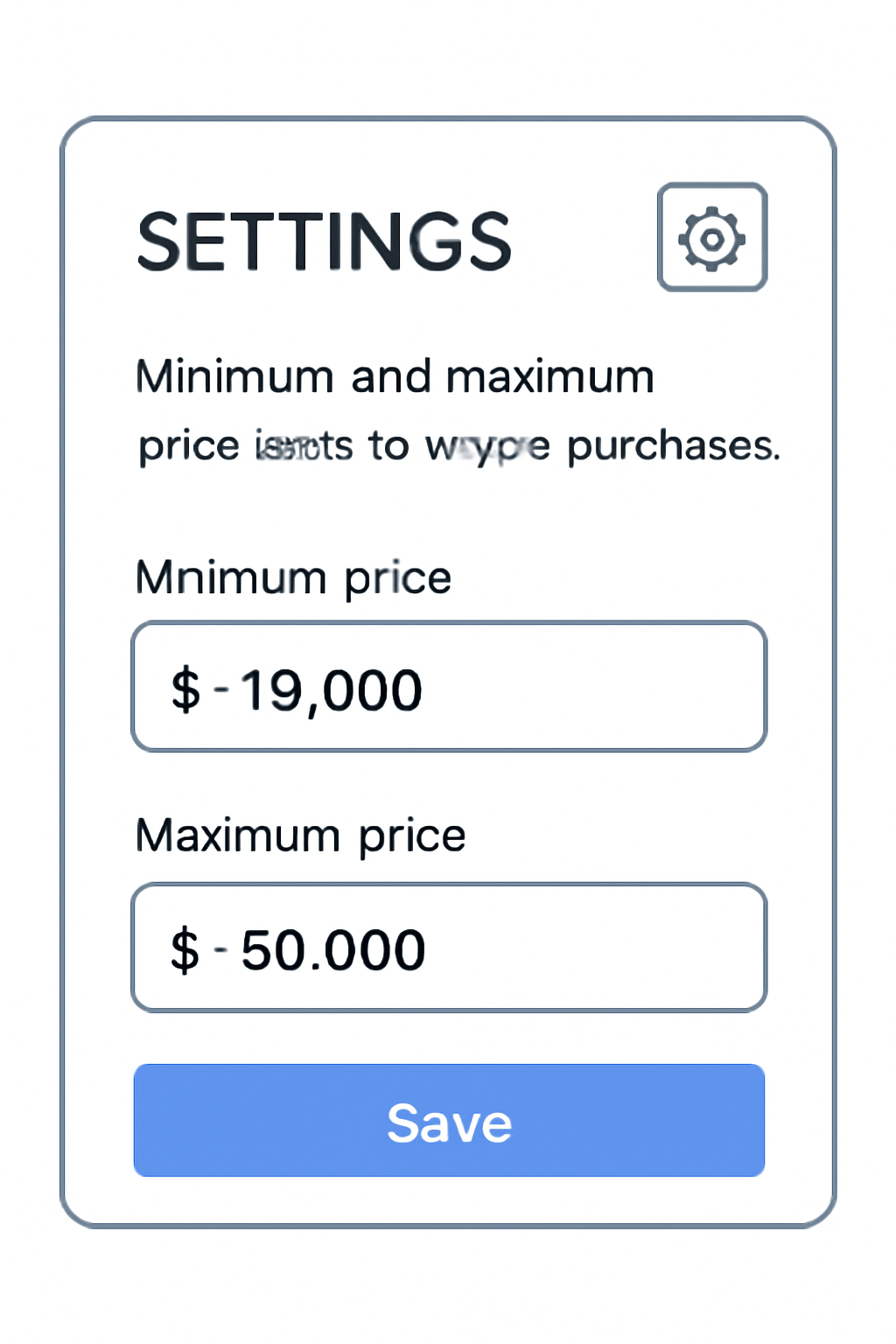 A settings page with fields to enter minimum and maximum price limits for crypto purchases.