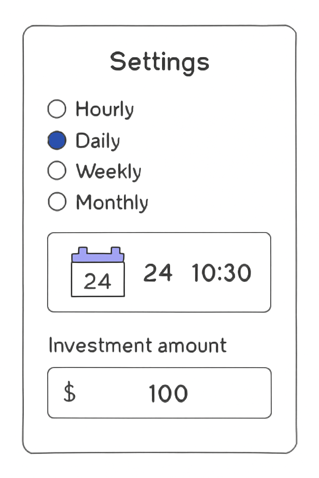 A settings screen with frequency options (hourly, daily, weekly, monthly), a calendar/time picker, and an input field for investment amount.