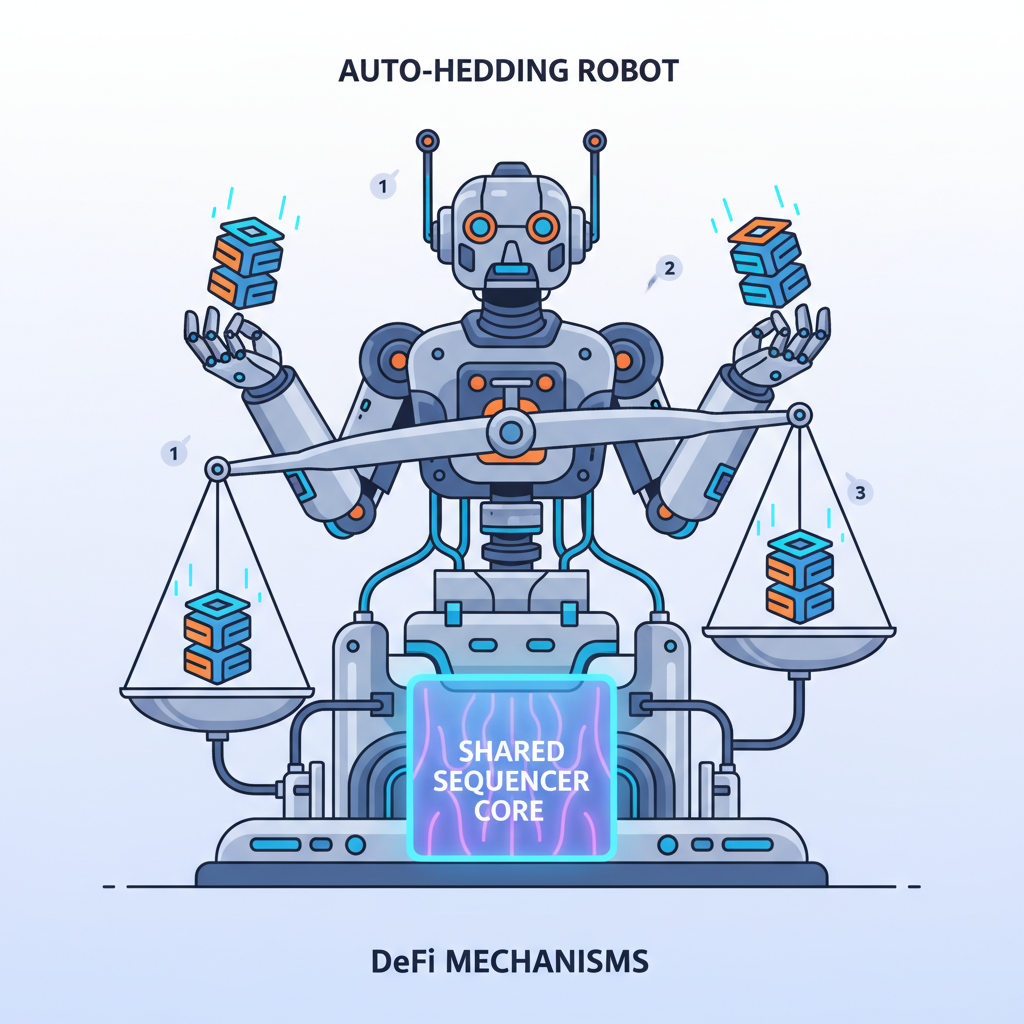 auto-hedging robot balancing scales across multiple rollup chains, shared sequencer core pulsing, metallic DeFi machinery