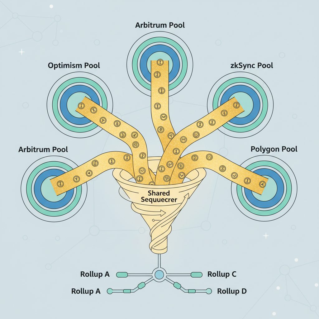 massive liquidity pools merging across rollup chains, golden token flows into shared sequencer vortex, dynamic DeFi visualization
