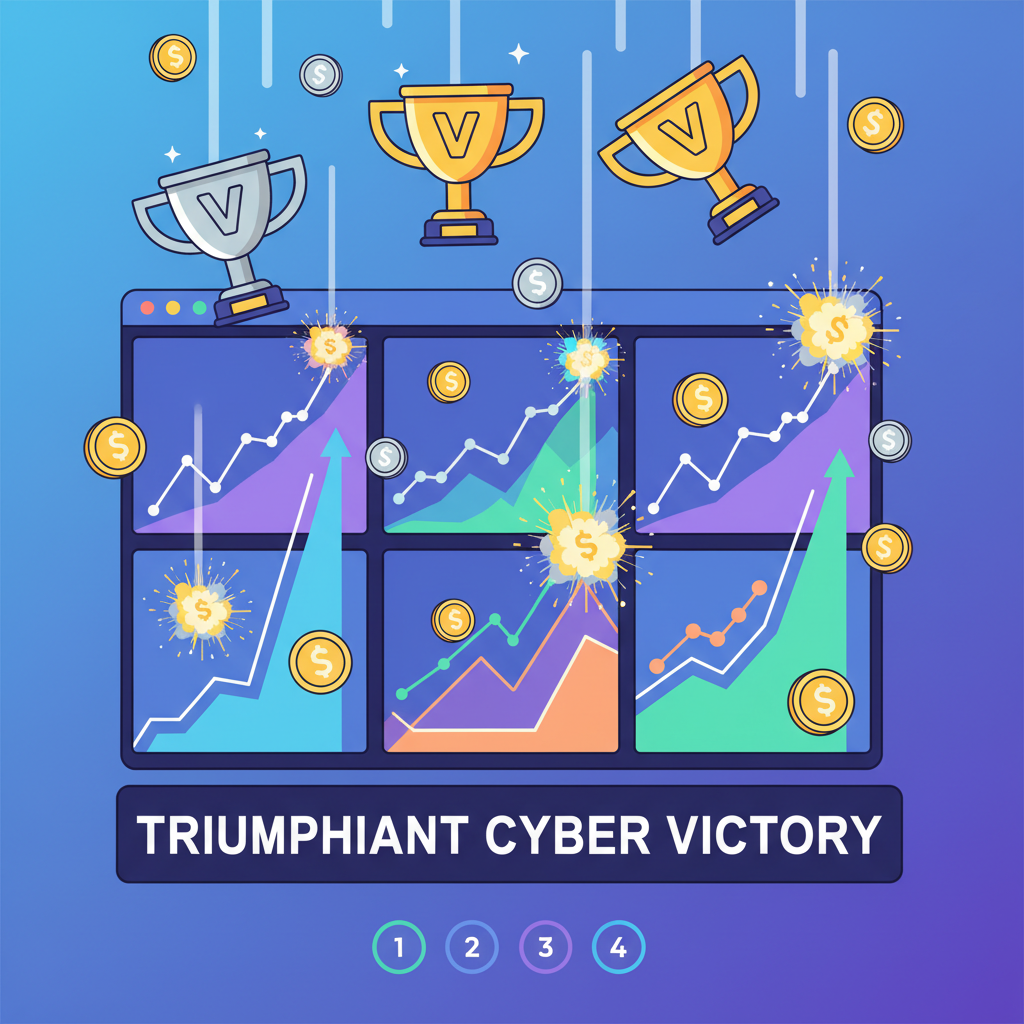 LP yields exploding as charts skyrocket on cross-rollup DEX screen, trophy icons and coin rains, triumphant cyber victory