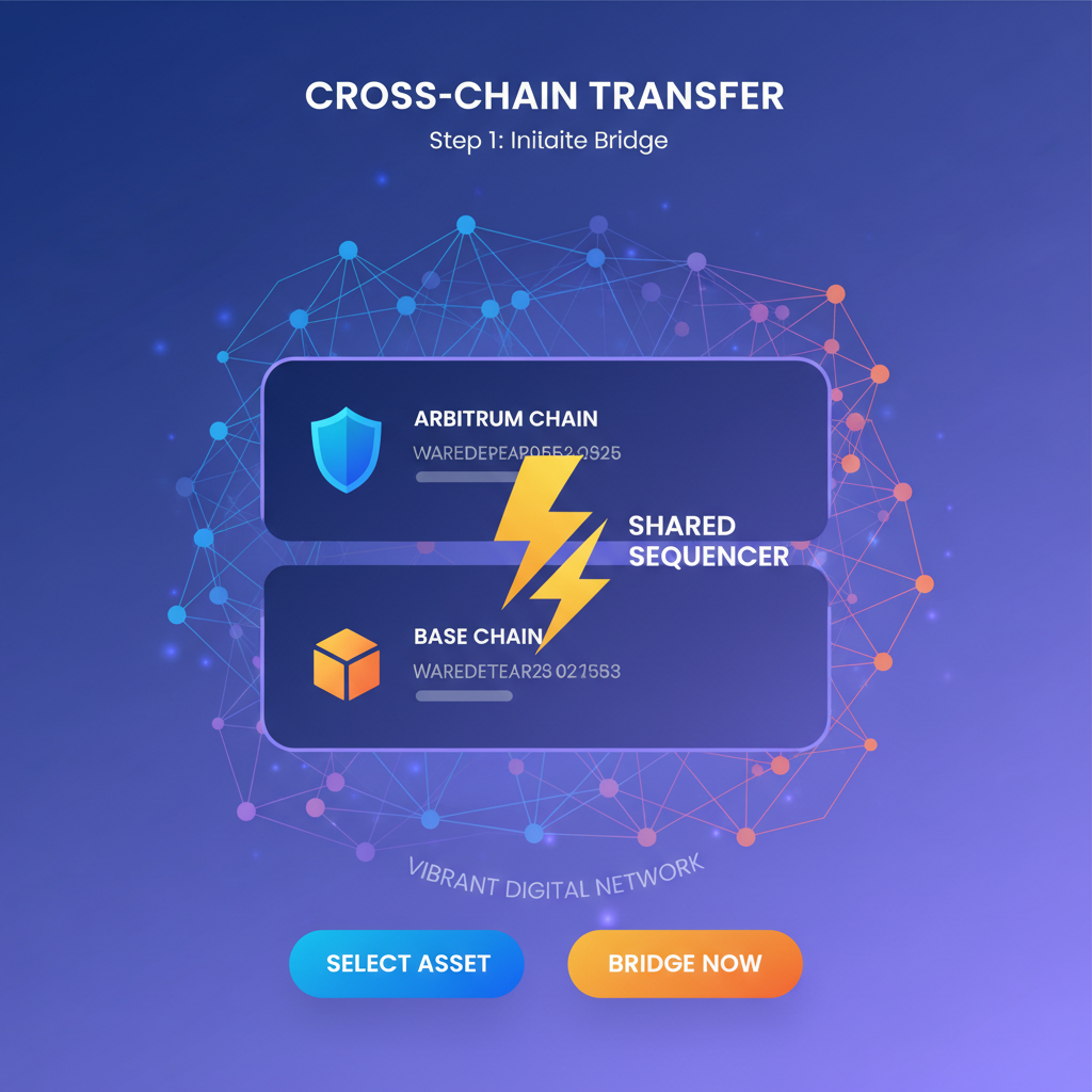 wallet interface bridging Arbitrum and Base chains with shared sequencer lightning bolts, vibrant digital network, high-tech UI
