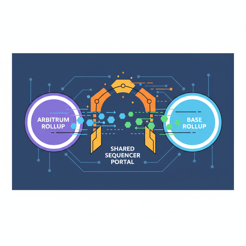 liquidity tokens teleporting between Arbitrum and Base rollups through shared sequencer portal, fast motion blur, sci-fi transfer