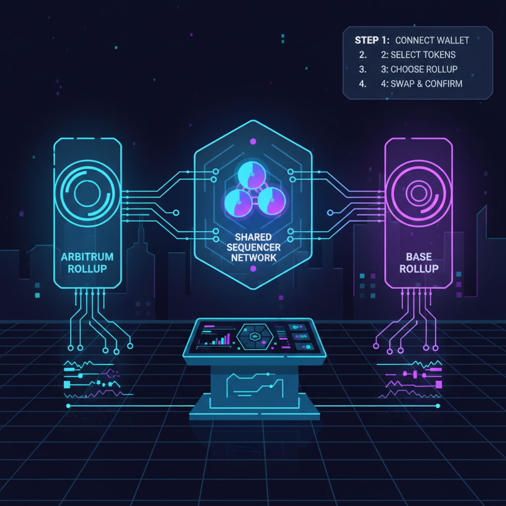 sleek futuristic DEX dashboard connecting Arbitrum and Base rollups with glowing shared sequencer nodes, cyberpunk neon blues and purples