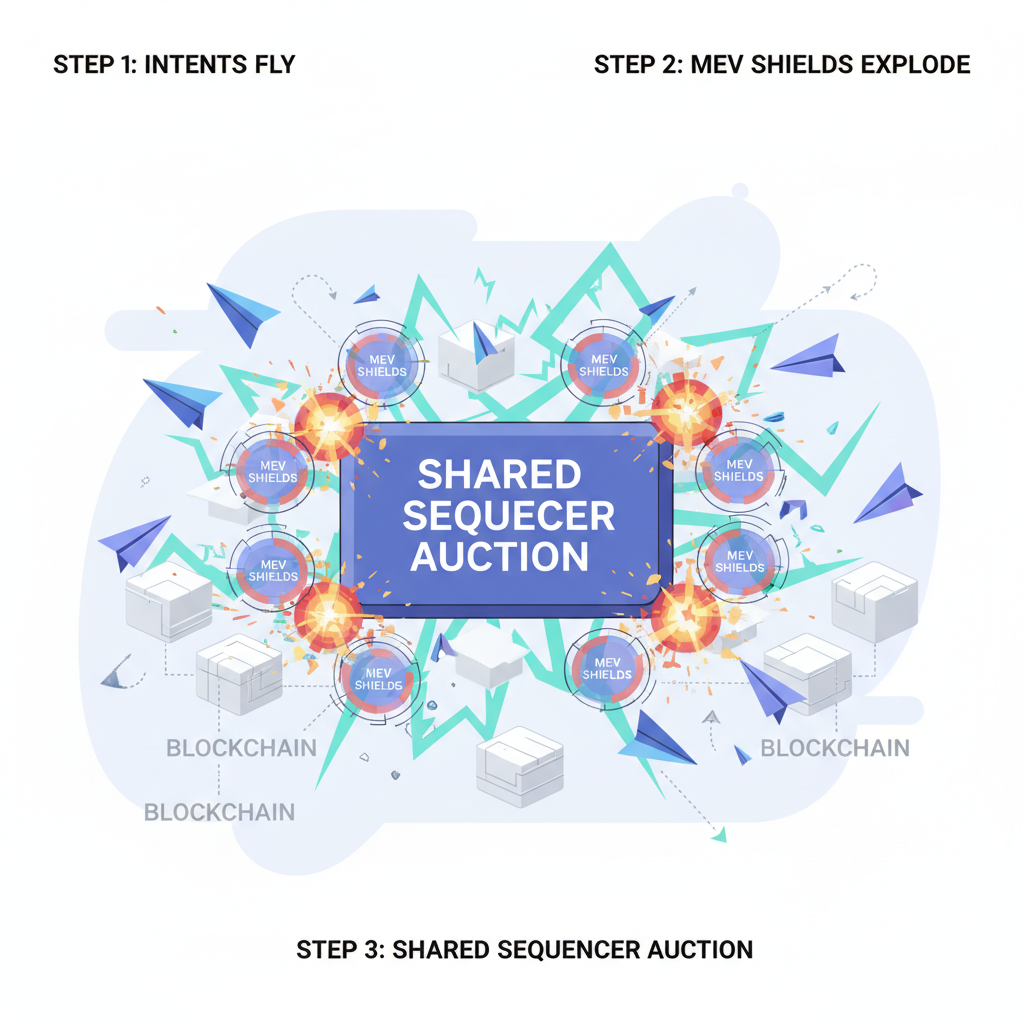 intents flying as holographic orders into shared sequencer auction, exploding MEV shields, energetic blockchain battle scene