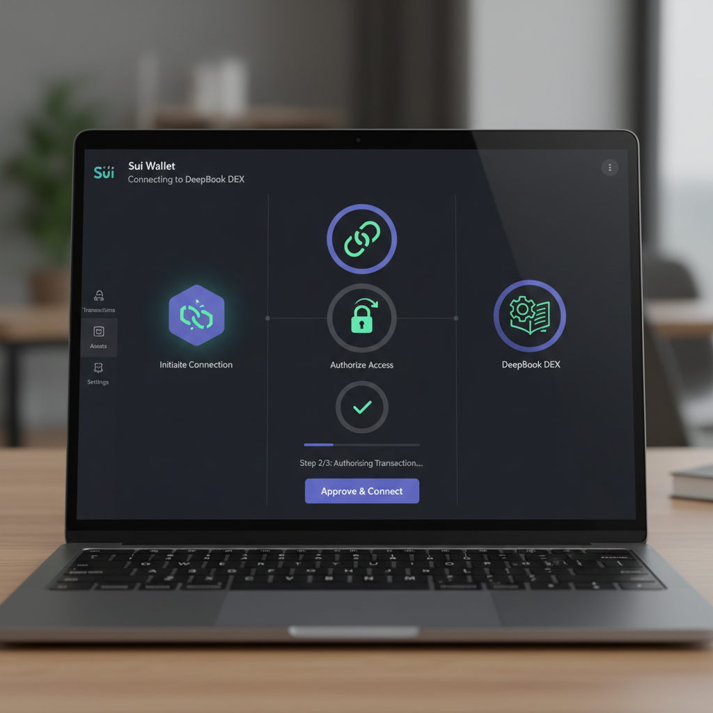 Clean UI screenshot of Sui wallet connecting to DeepBook DEX on a laptop screen, professional dark mode interface, blockchain icons