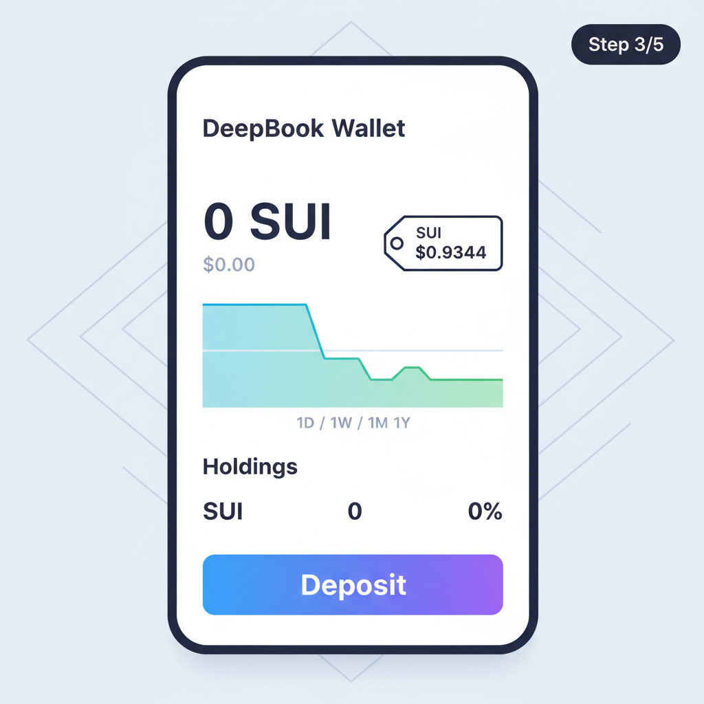 DeepBook wallet balance screen showing SUI holdings at $0.9344 price, charts and deposit button, minimalistic DeFi design