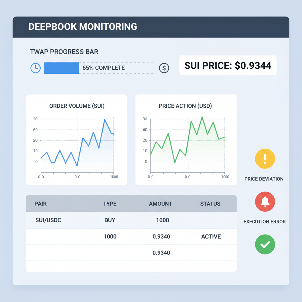 DeepBook orders monitoring dashboard with TWAP progress bar, real-time charts, SUI price at $0.9344, alert icons