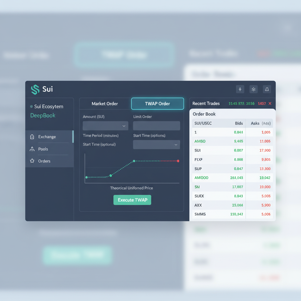 DeepBook trading dashboard highlighting TWAP order tab, order book visible, Sui ecosystem branding, high-tech interface