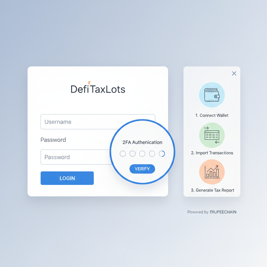 screenshot of DefiTaxLots login page, clean modern UI, 2FA prompt visible, subtle Indian rupee symbol