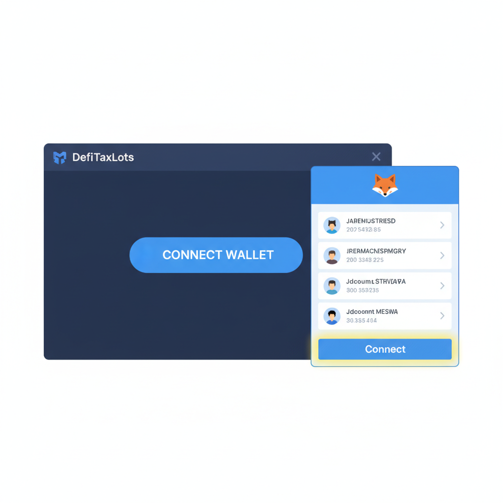 screenshot of DefiTaxLots wallet connection interface, MetaMask popup, connect button highlighted