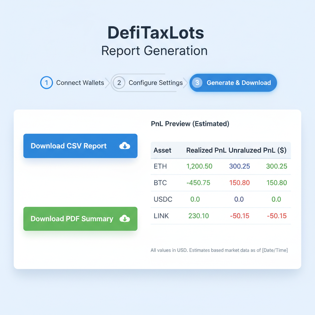 screenshot of DefiTaxLots report generation page, download buttons, PnL preview table
