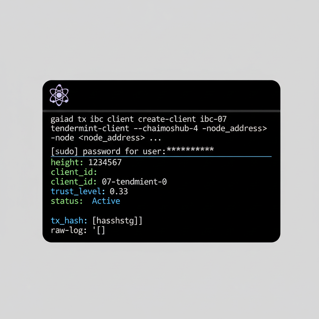 Command line terminal executing IBC client creation on Cosmos Hub