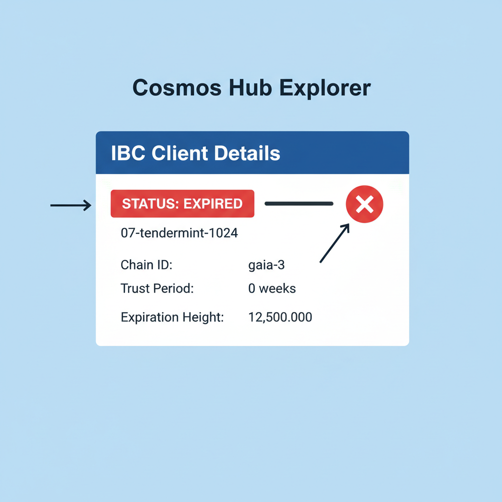 Cosmos Hub blockchain explorer interface showing expired IBC client status details