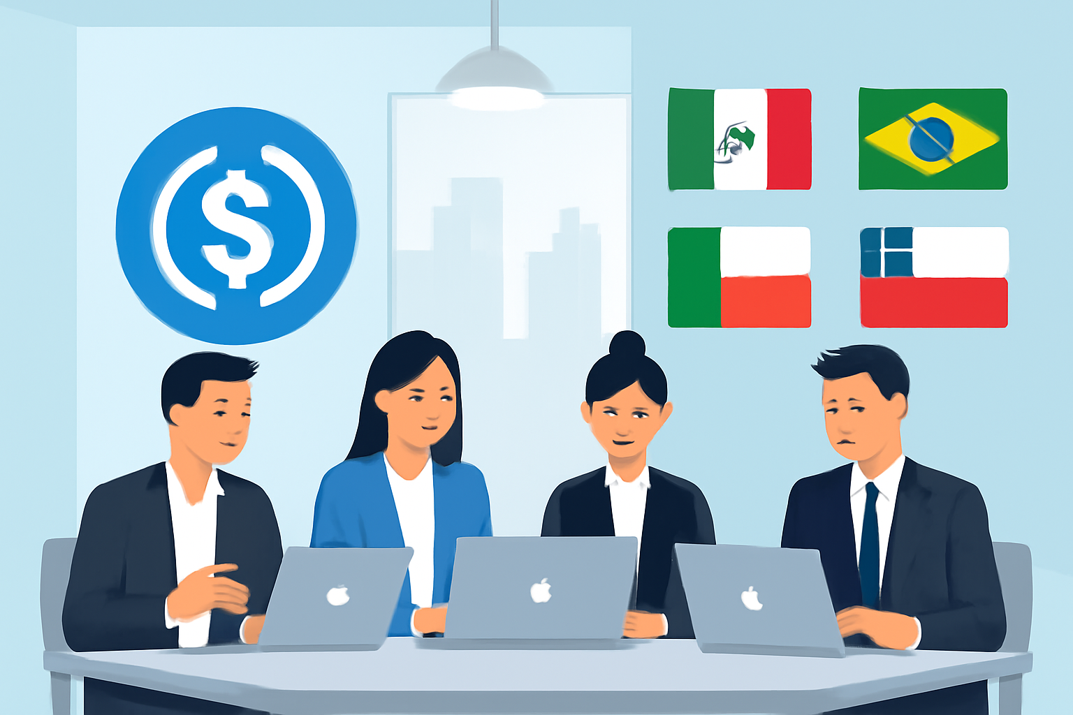 A business team reviewing crypto payroll platforms on laptops, with USDC and Latin American flags in the background, modern office setting