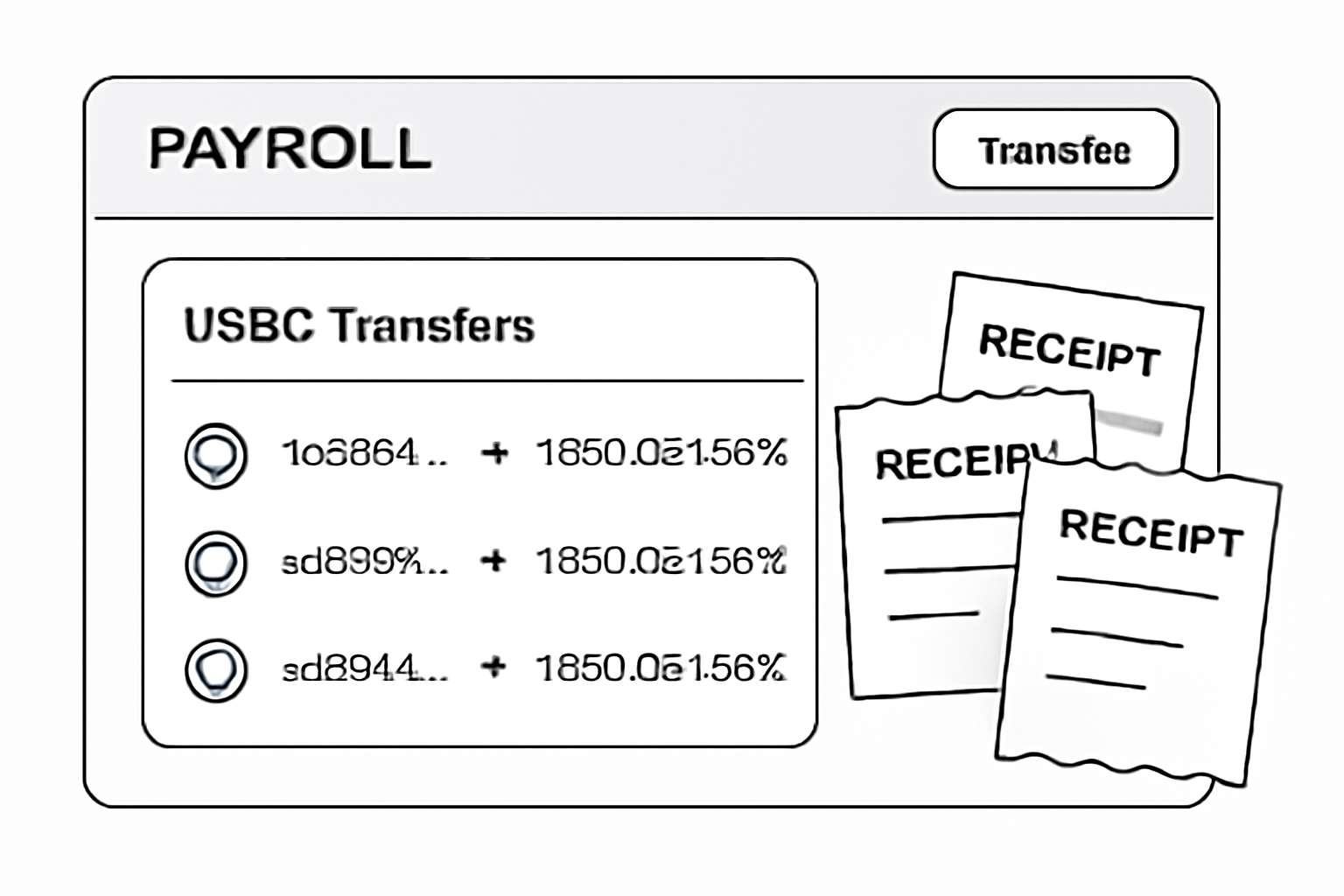 A digital payroll dashboard showing USDC transfers to multiple wallet addresses, with payment receipts, clean fintech interface