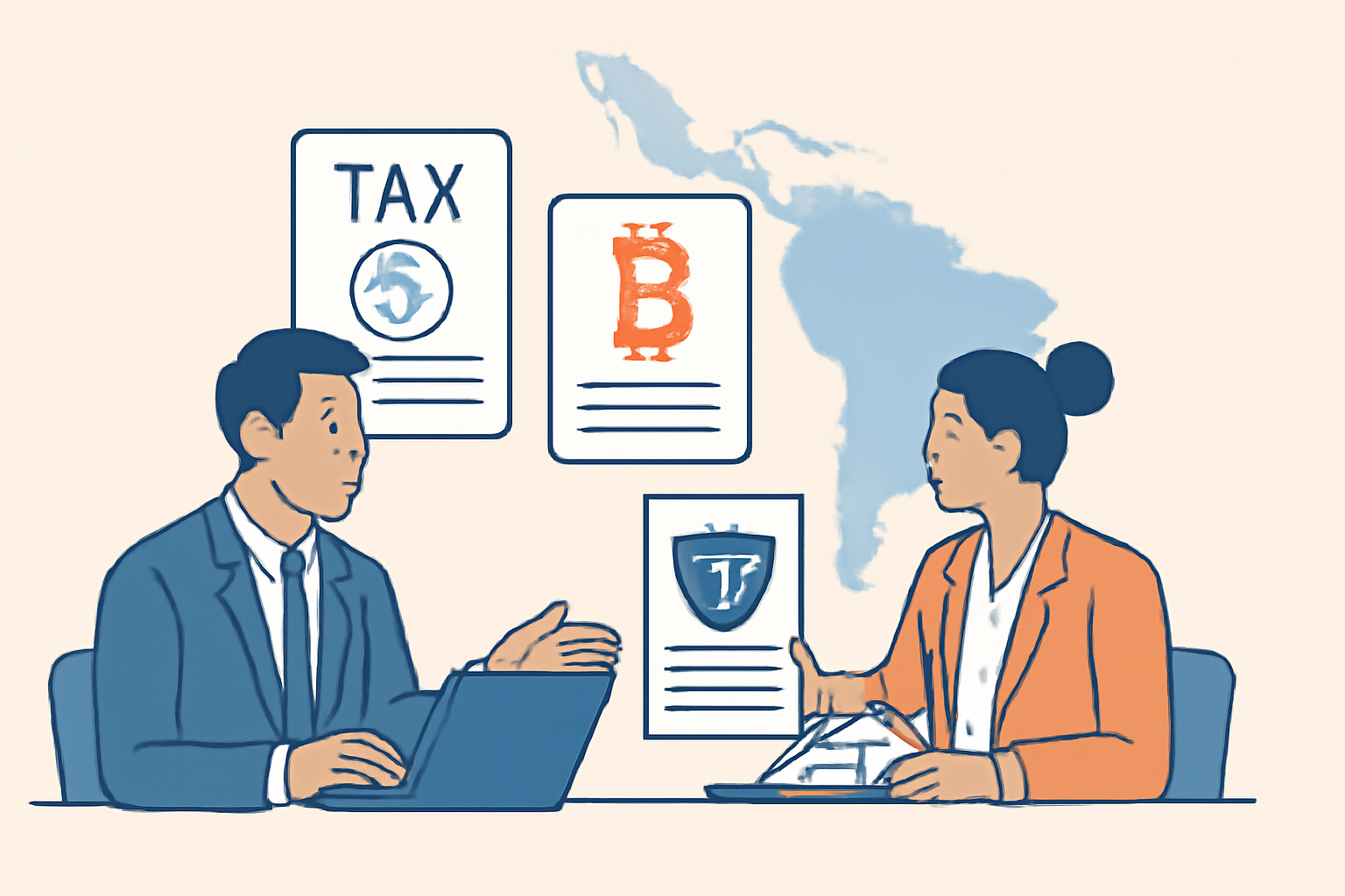 A businessperson consulting with a legal advisor, documents with tax and crypto symbols, Latin American map in background