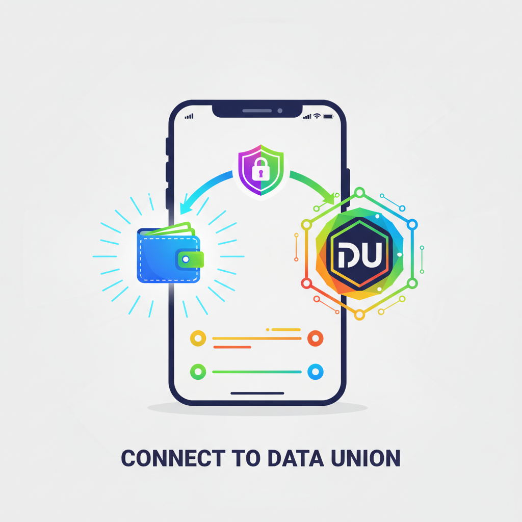 vibrant illustration of a smartphone connecting a glowing wallet icon to a data union platform, futuristic UI, energetic colors, privacy shield badge