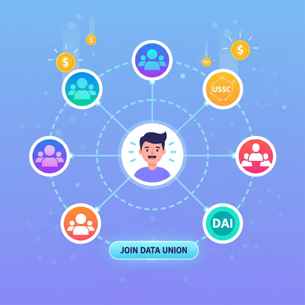excited user joining a colorful data union community on a digital dashboard, group icons linking together, stablecoin rewards floating, modern web3 style