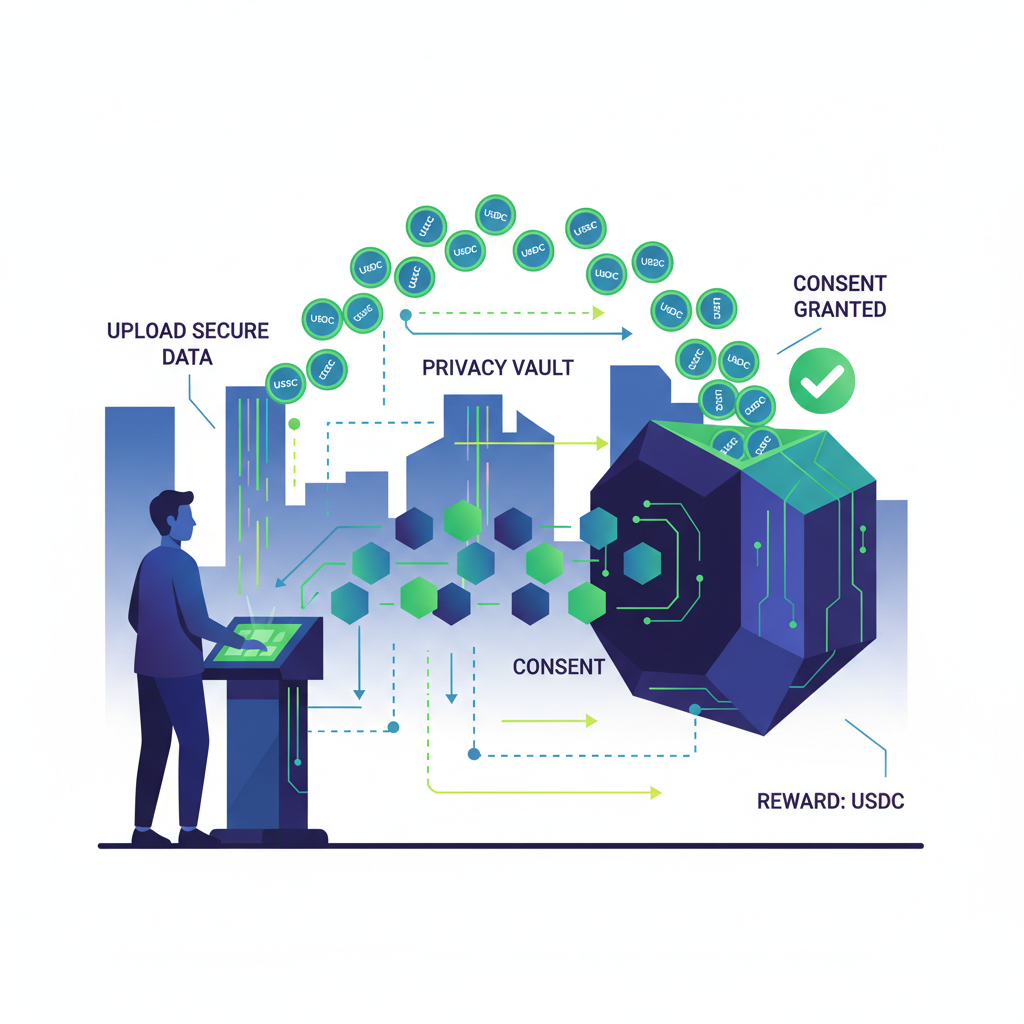 user uploading secure data packets to a privacy vault, green checkmarks for consent, USDC coins emerging, energetic flow diagram, cyberpunk aesthetic