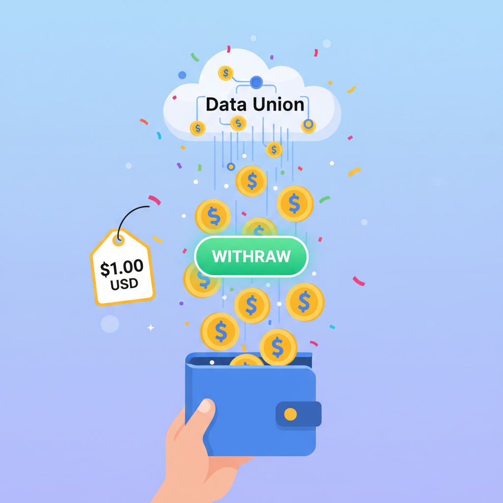 joyful explosion of USDC coins raining into a wallet from a data union, withdrawal button glowing, $1.00 price tag, celebratory confetti, vibrant digital art