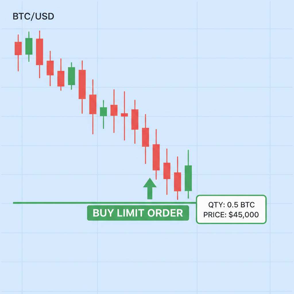 trading chart showing limit order placement on Bitcoin dip, candlestick graph with buy arrow