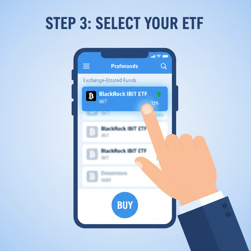 professional investor selecting BlackRock IBIT ETF on trading app screen, clean financial interface, blue tones