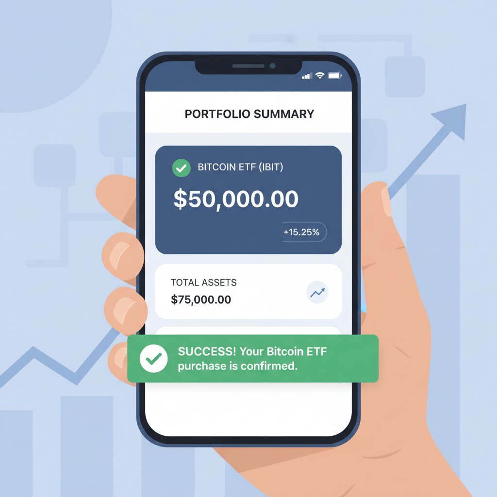 brokerage app dashboard confirming Bitcoin ETF holdings, portfolio summary screen, success notification