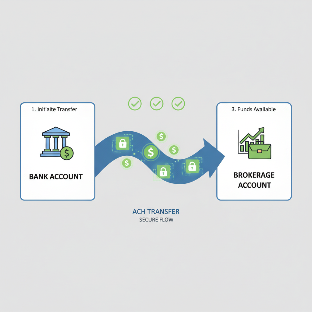 simple illustration of bank ACH transfer to brokerage account, money flowing securely, green checkmarks