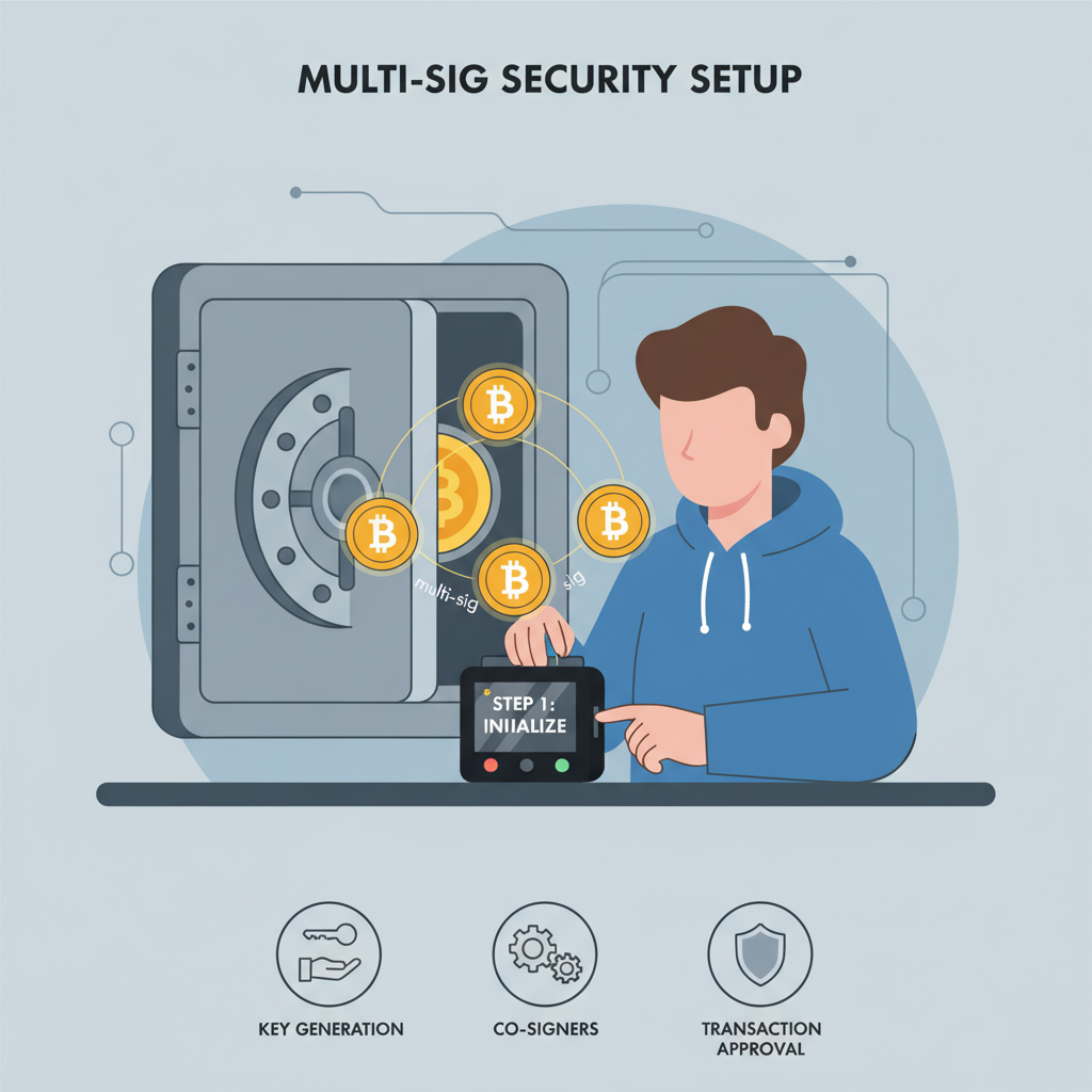 user setting up hardware wallet with multi-sig security, Bitcoin icons, safe vault aesthetic