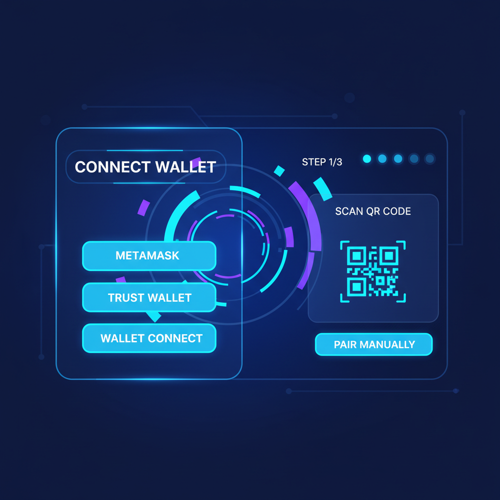 futuristic crypto wallet connection UI, neon blue buttons, dashboard glow