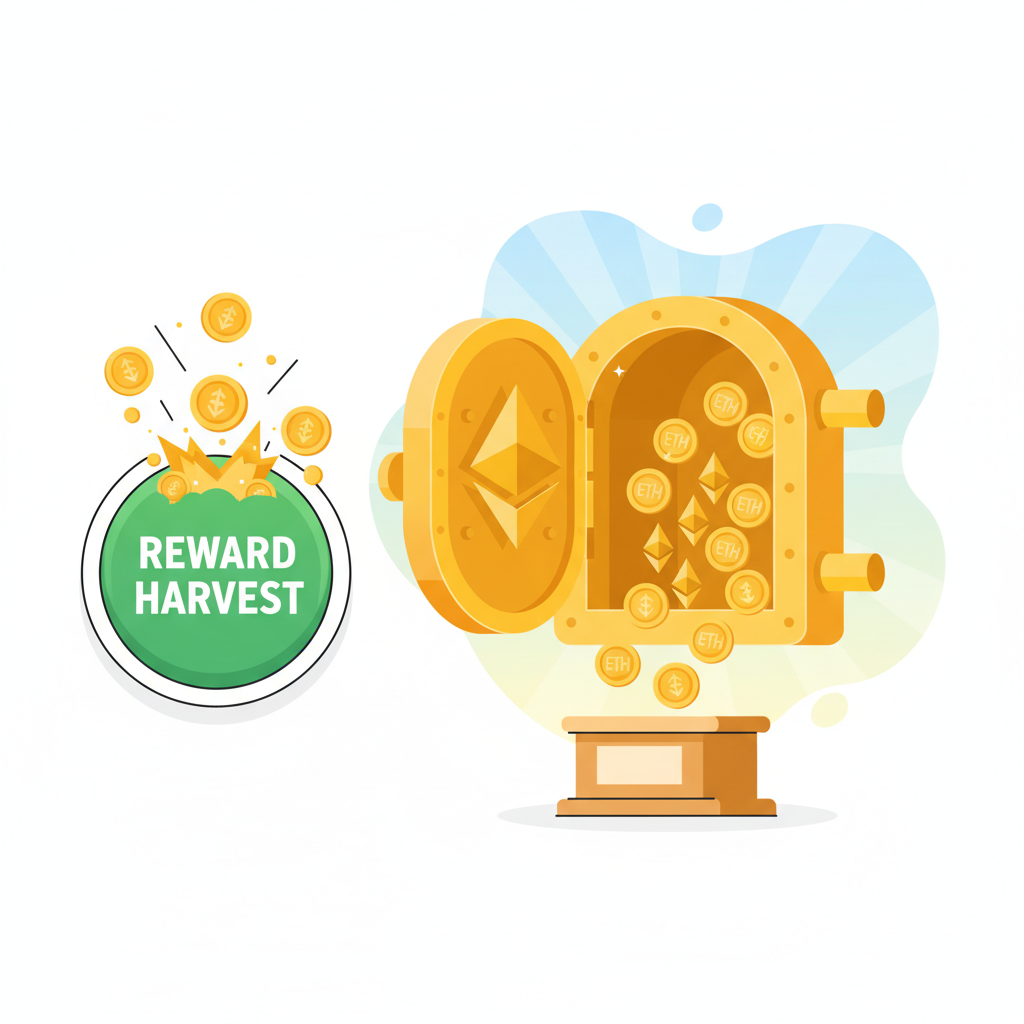 reward harvest button exploding coins, trophy vault opening, golden ETH shower