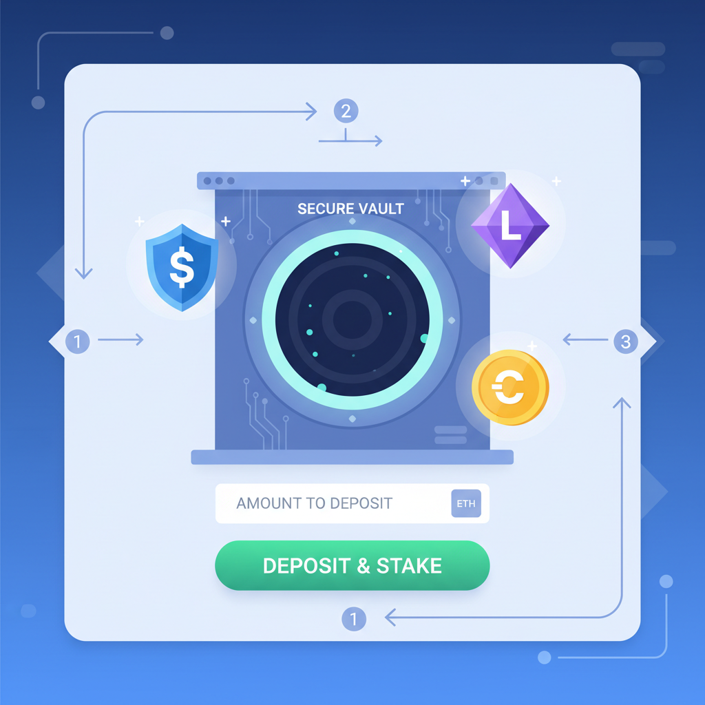 crypto LST deposit interface, token icons glowing, secure vault entrance
